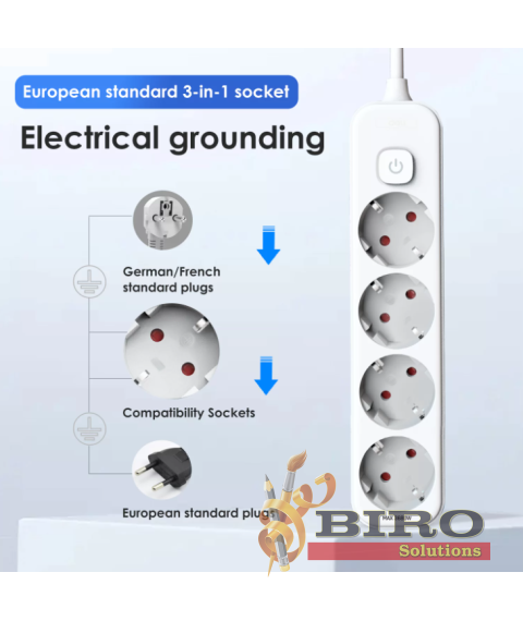 Prelungitor DELI, 4 prize, 3 m, înpămîntare, întrerupător